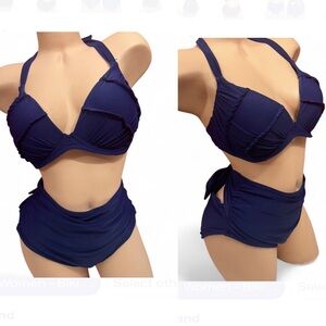 Betsey Johnson Navy Blue Halter Bikini Set High Waist Adorable Back Tie L